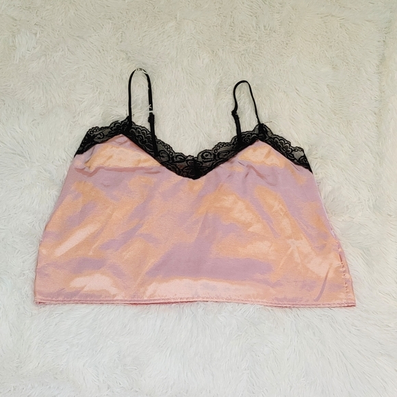 Silky Crop Coquette Cami, Medium, Blush Pink & Black Lace Details - Picture 2 of 4